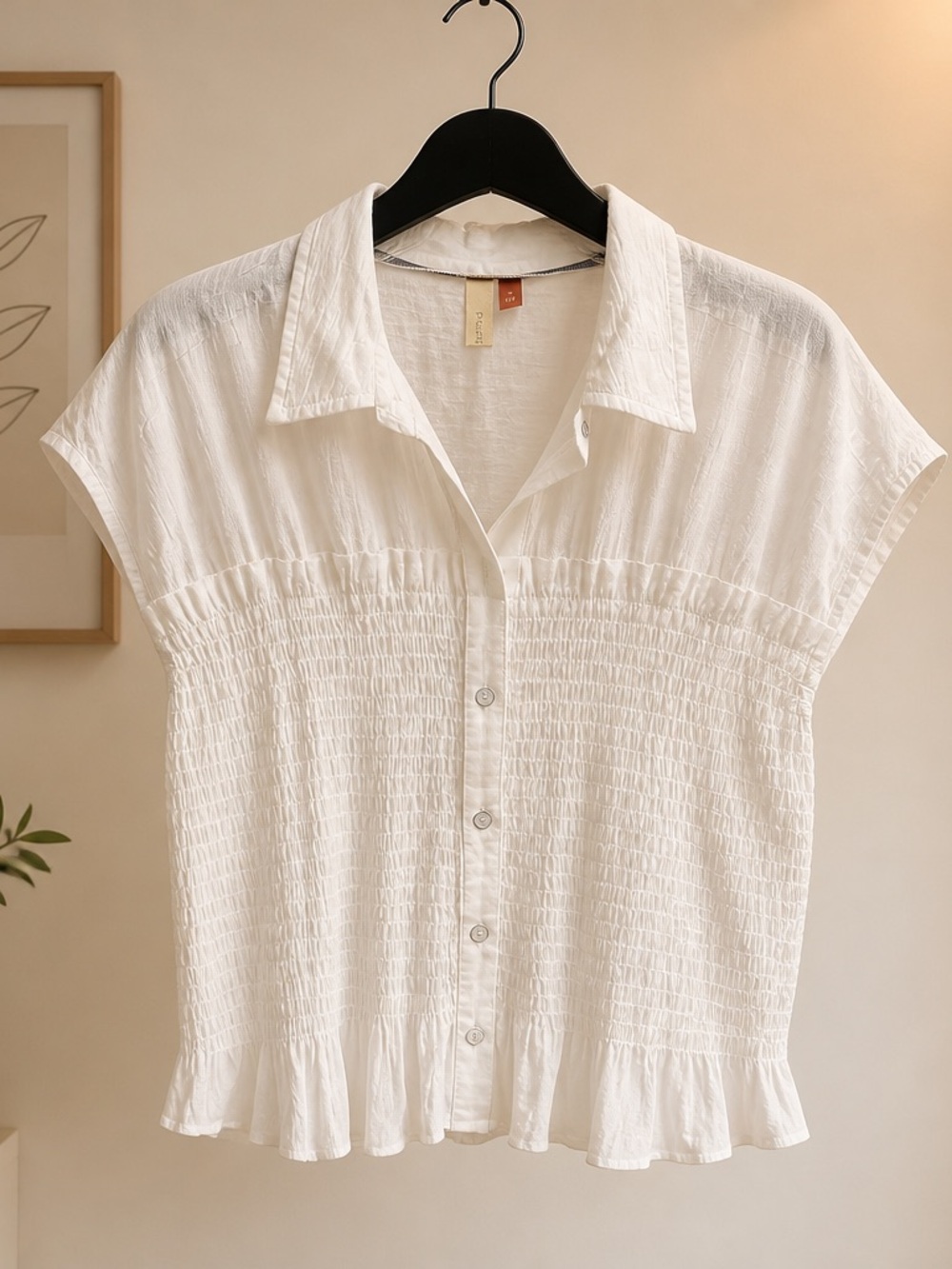 Pilcro Anthropologie White Smocked Button-Down Short Sleeve Top